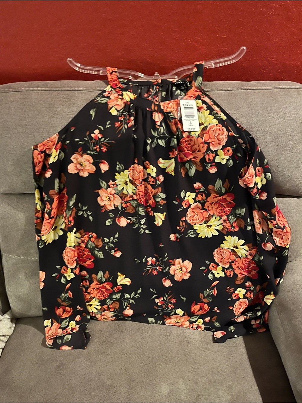 torrid Black Floral Cold-Shoulder Halter Blouse with Coral & Yellow Blooms